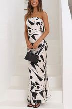 Strapless Geometric Print Satin Column Maxi Dress