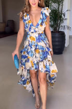 Plunging V-Neck Ruffle Tiered High-Low Floral Maxi Dress