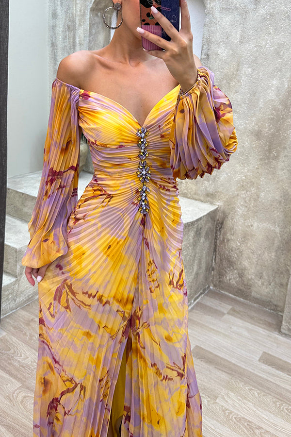 Off Shoulder Bishop Sleeve Jewel Embellished Plisse Abstract Print Maxi Gown