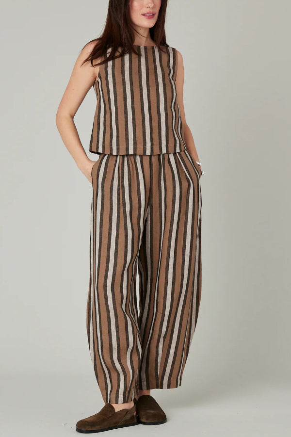 Striped Printed Crew Neck Sleeveless Top and Elastic Waist Wide-leg Pants Set