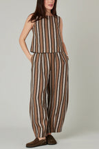 Striped Printed Crew Neck Sleeveless Top and Elastic Waist Wide-leg Pants Set