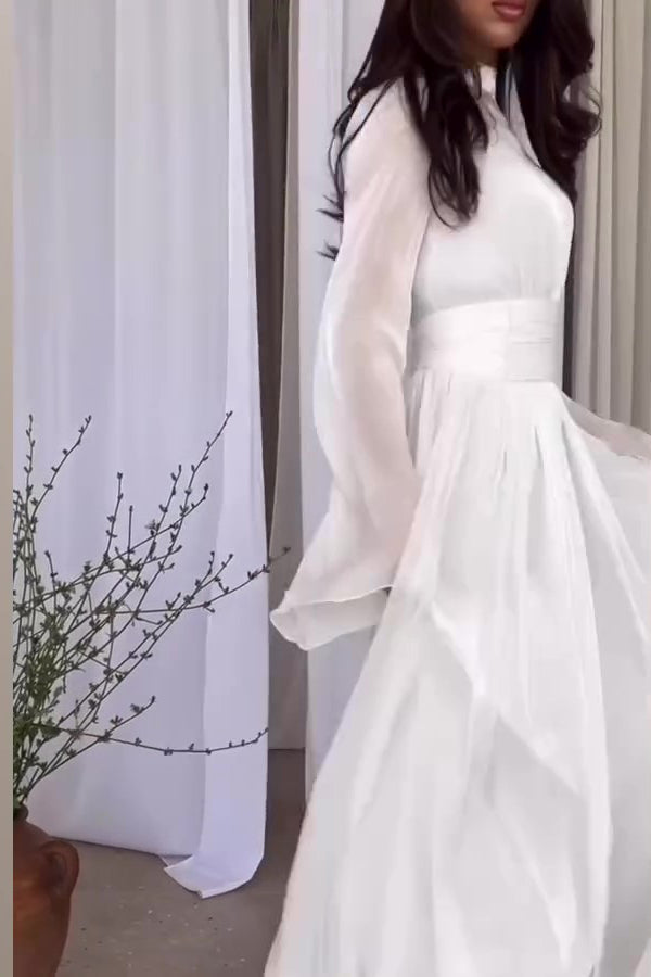 Mock Neck Long Sleeve Pleated Waistband Flowy Maxi Dress