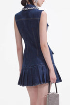 Rhinestone Collar Button Front Pleated Denim Mini Dress