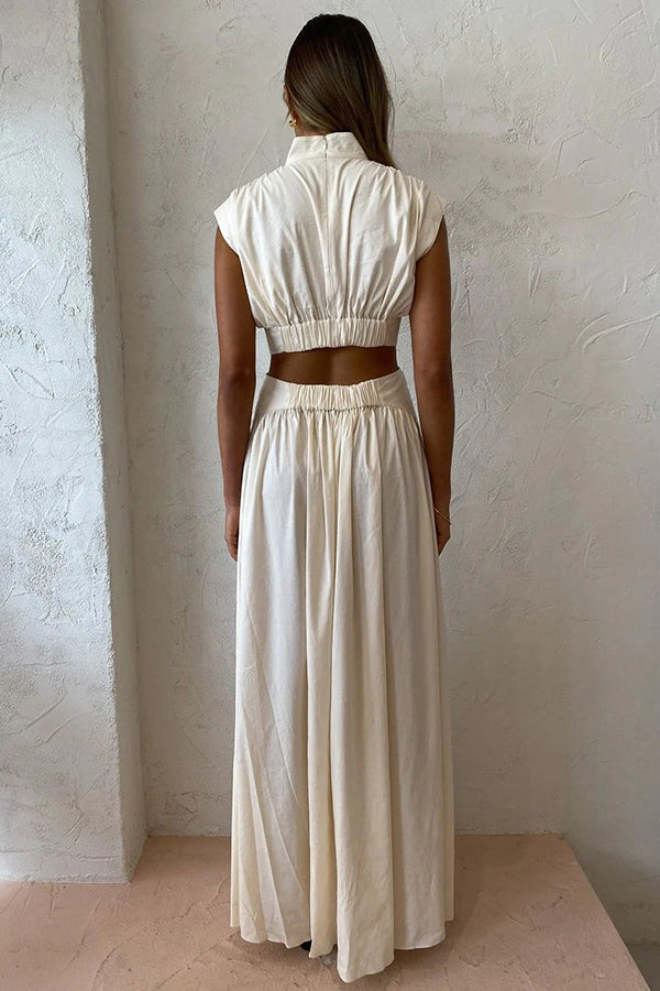 Mock Neck Sleeveless Side Cut Out Waist Pocketed Gathered Maxi Dress