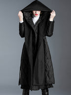 Black Down Coat Hooded Belted Long Winter Outerwear For Women