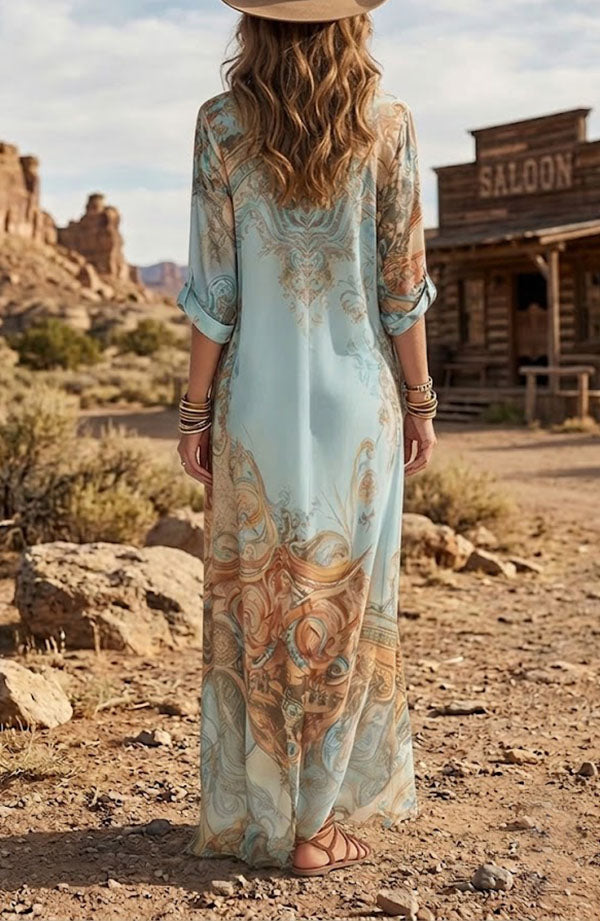 Boho Vintage Art Print Button Down Maxi Shirt Dress