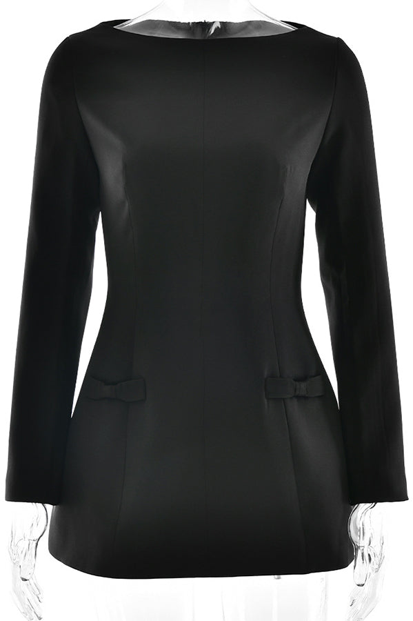 Boat Neck Long Sleeve Bow Hip Detail Structured A-Line Mini Dress