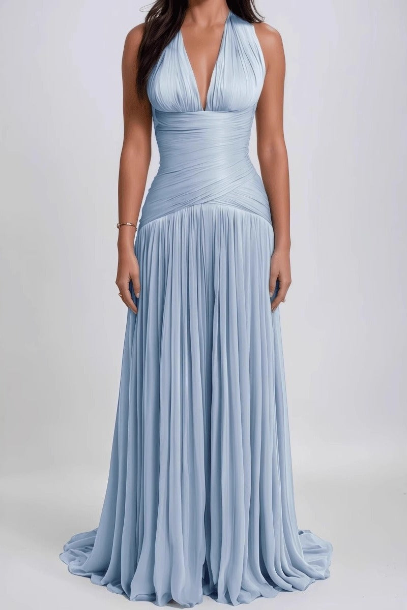 Deep V-Neck Ruched Cross Wrap Accordion Pleat Maxi Formal Gown