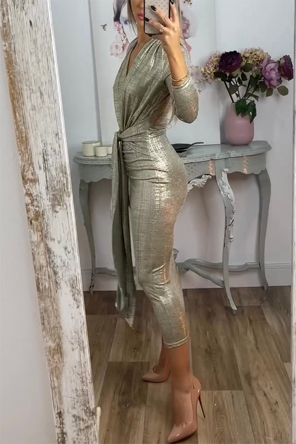 Metallic Ruched Knot Front Deep V-Neck Three Quarter Sleeve Midi Dress