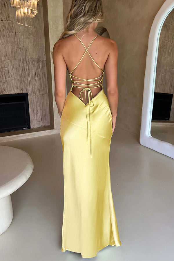 Satin Deep V-Neck Spaghetti Strap High Slit Column Maxi Dress
