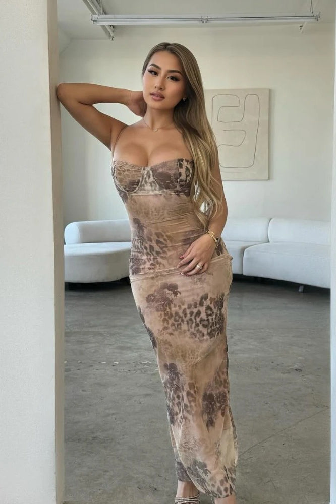 Floral Print Mesh Bustier Spaghetti Strap Bodycon Midi Dress