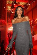 Rhinestone Off Shoulder Long Sleeve Bodycon Midi Dress