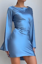 Satin Cowl Neck Bell Sleeve Tie Waist Mini Dress