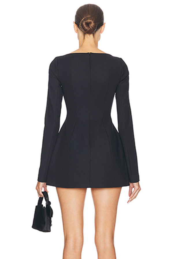 Boat Neck Long Sleeve Bow Hip Detail Structured A-Line Mini Dress