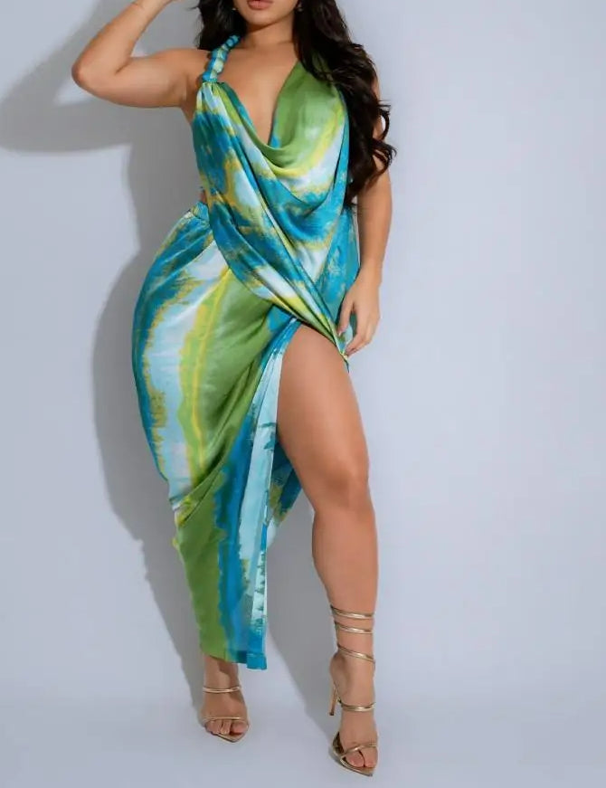 Tie Dye Halter Neck Cowl Drape High Split Asymmetric Hem Satin Midi Dress