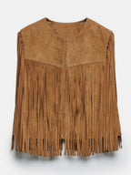 Western Cowgirl Fringe Vest Crew Neck Bohemian Spring Suede Jacket For Women 2026