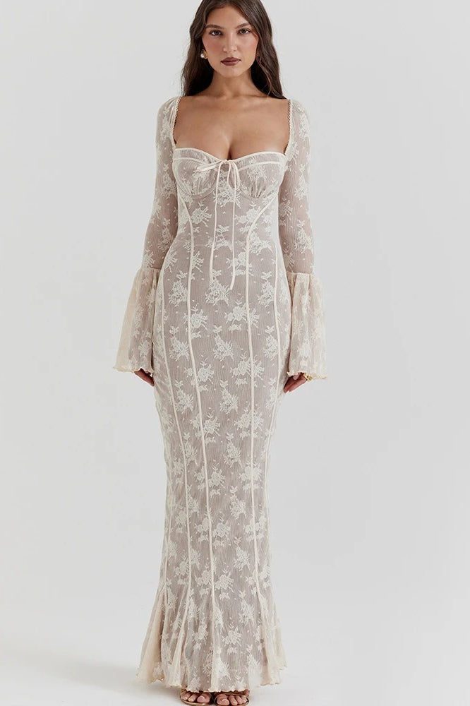Square Sweetheart Tie Front Floral Lace Long Bell Sleeve Paneled Maxi Dress
