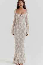 Square Sweetheart Tie Front Floral Lace Long Bell Sleeve Paneled Maxi Dress