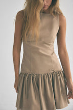Velvet Bow Trim Drop Waist Gathered Pleated Mini Dress