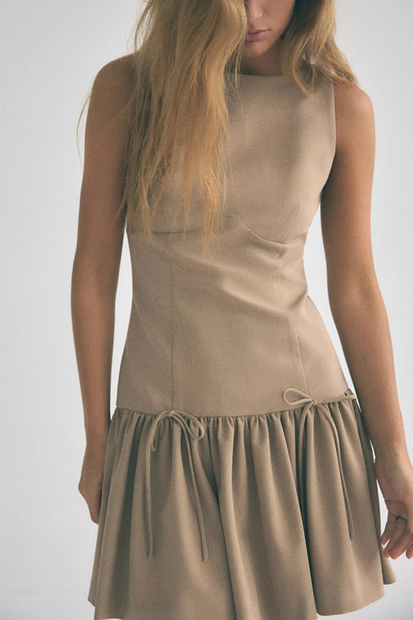 Velvet Bow Trim Drop Waist Gathered Pleated Mini Dress