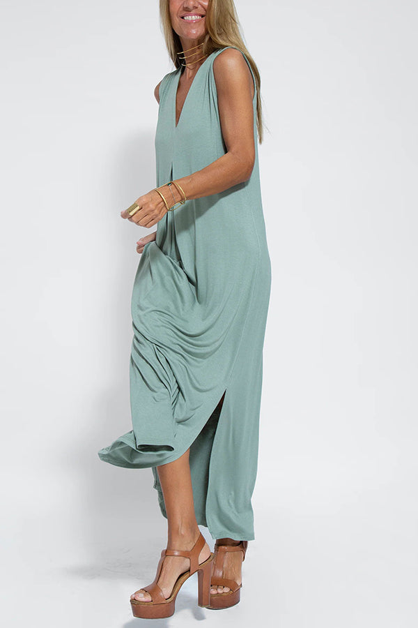 Deep V-Neck Center Pleat Sleeveless Flowy Maxi Dress