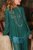 Relaxing Time Knit Zigzag Pattern Tassel Trim Slit Top and Wide Leg Pants Set