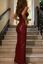 Strapless Sweetheart Ruched Faux Leather Bodycon Maxi Gown