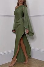 One Shoulder Bell Sleeve Asymmetric Slit Satin Maxi Gown