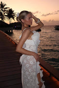 Lace Spaghetti Strap Ruffle Neckline High Split Midi Dress