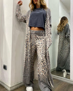 Comfort first Leopard Print Pocket Long Sleeve Cardigan Elastic Waist Pants Set