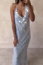 Halter Neck Plunging Cowl Neck Paillette Sequin Mesh Bodycon Maxi Dress