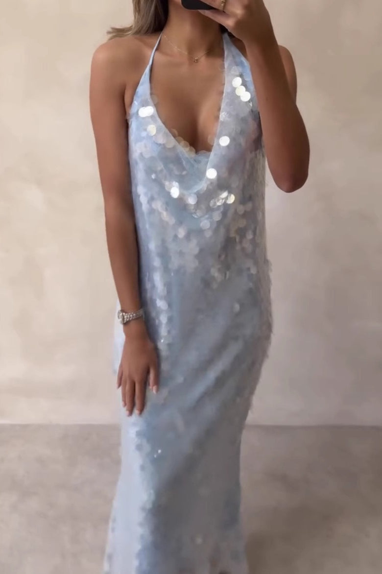 Halter Neck Plunging Cowl Neck Paillette Sequin Mesh Bodycon Maxi Dress