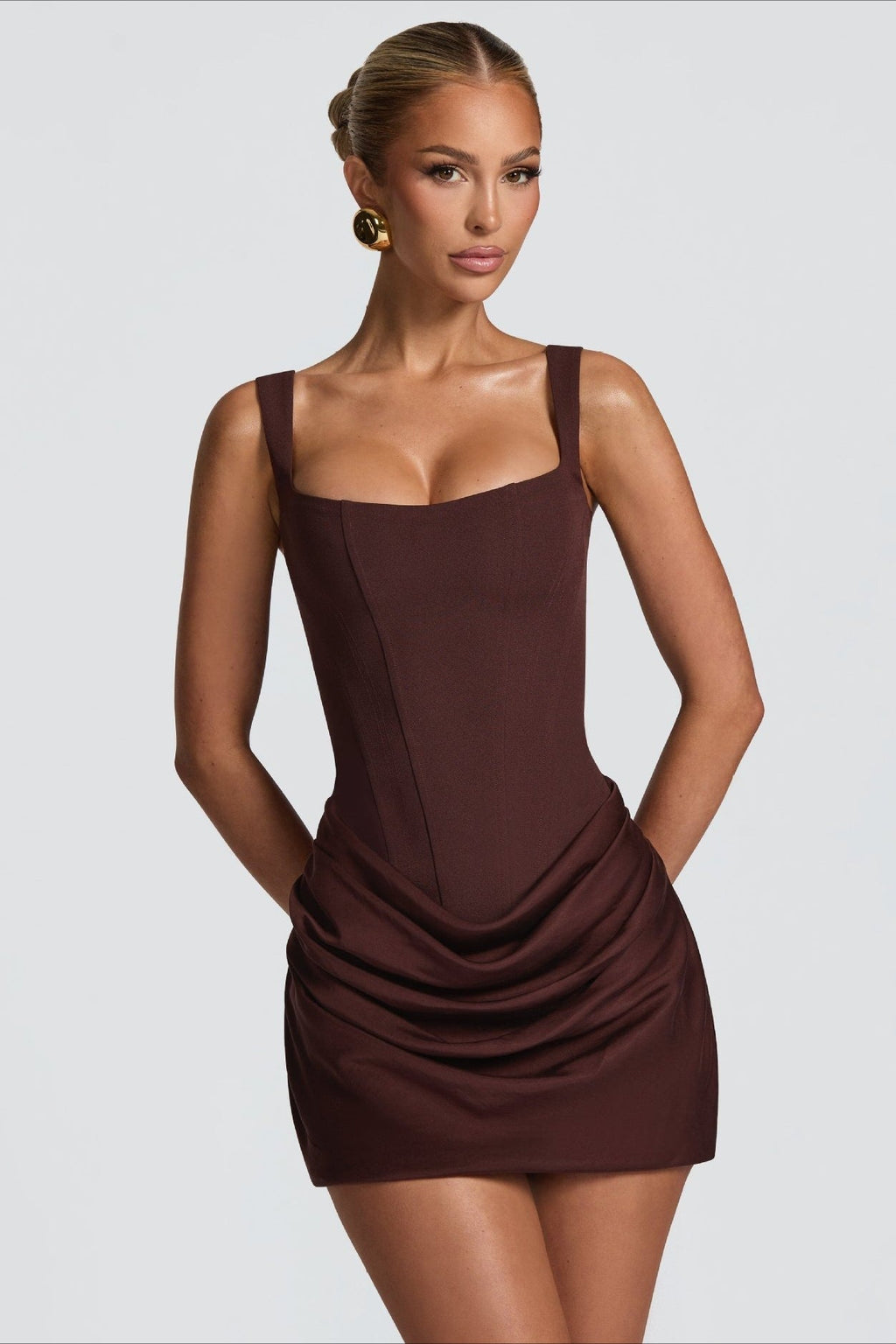 Corset Boned Square Neck Wide Strap Draped Ruched Bodycon Mini Dress