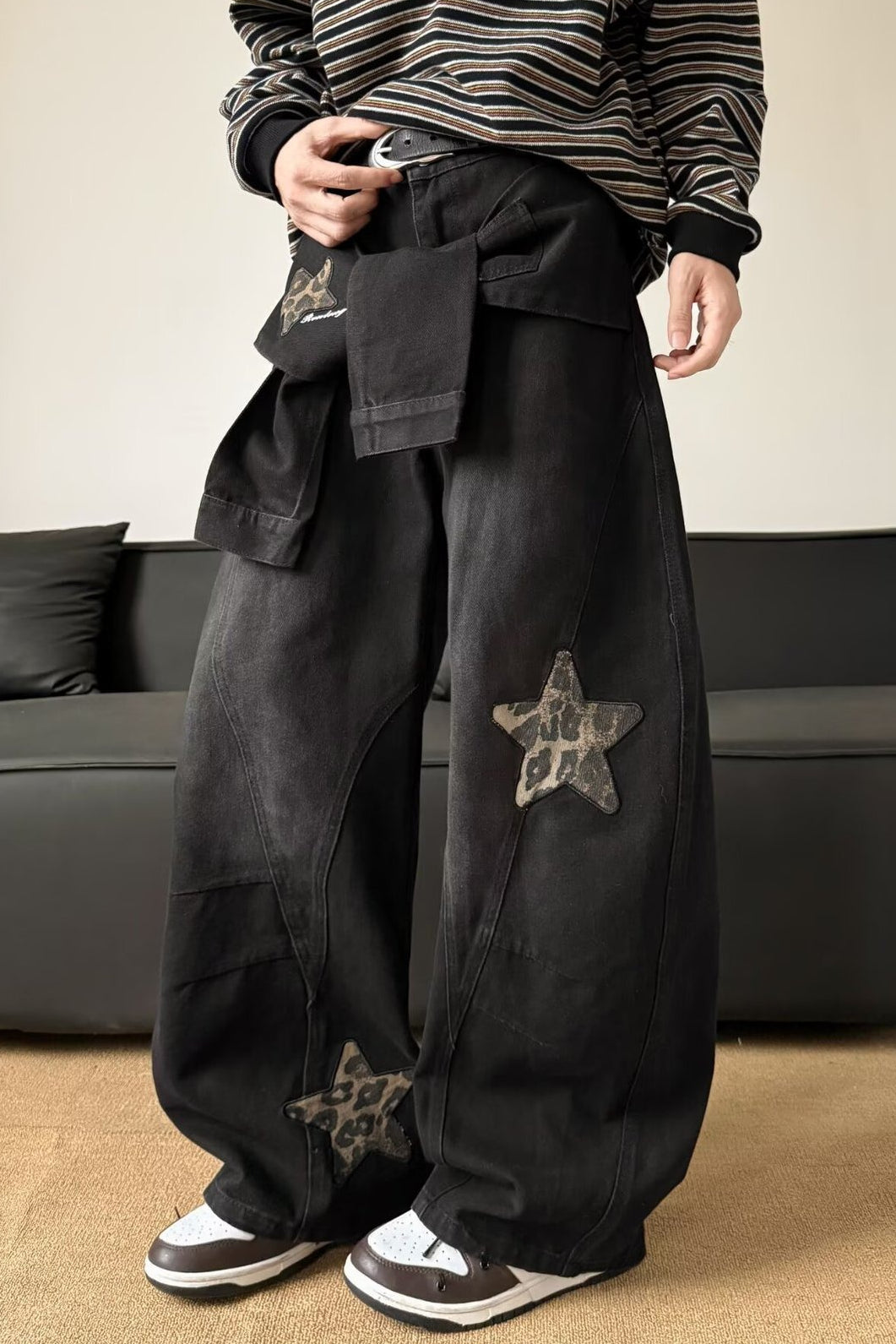 Leopard Print Patchwork Tie Loose Wide Leg Retro Jeans