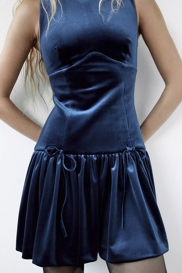 Velvet Bow Trim Drop Waist Gathered Pleated Mini Dress