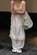 Beige Deep V Neck Eyelash Lace Geometric Print Layered Midi Dress