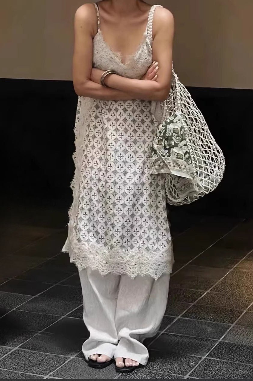 Beige Deep V Neck Eyelash Lace Geometric Print Layered Midi Dress