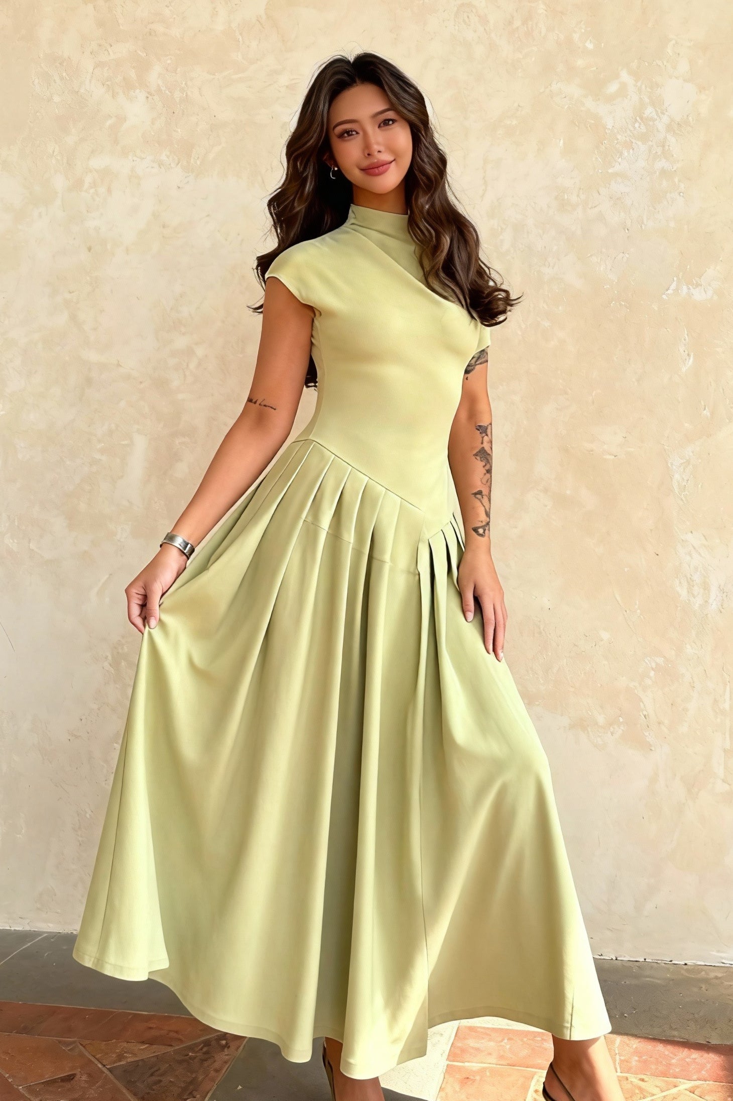 One Shoulder Ruched Waistband Pleated A-Line Midi Dress