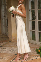 One Shoulder Draped Twist Detail Satin Ankle Length Midi Dress