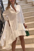 Stand Collar Pleated Ruffle High-Low Oversized Shirt Dress
