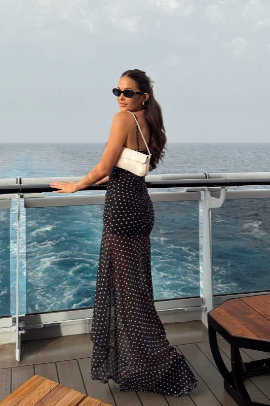 Polka Dot Mesh Ruched Bust Cut Out High Split Spaghetti Strap Maxi Dress