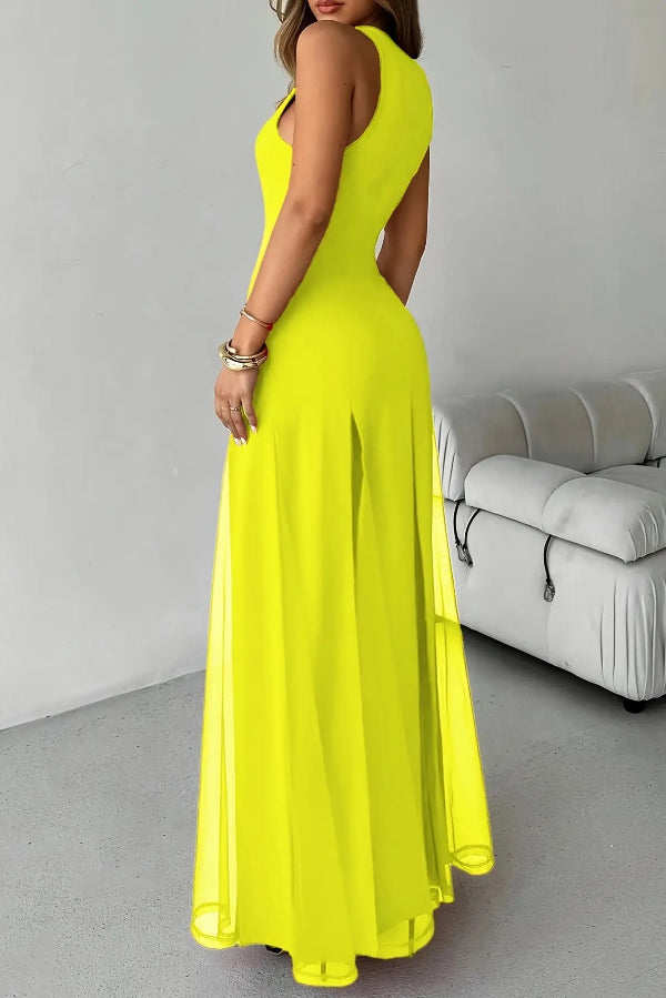Solid Color Round Neck Sleeveless Slim Fit Sheer Patchwork Hem Maxi Dress