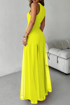 Solid Color Round Neck Sleeveless Slim Fit Sheer Patchwork Hem Maxi Dress