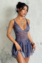 Deep V-Neck Spaghetti Strap Ruched Tiered Flared Mini Dress