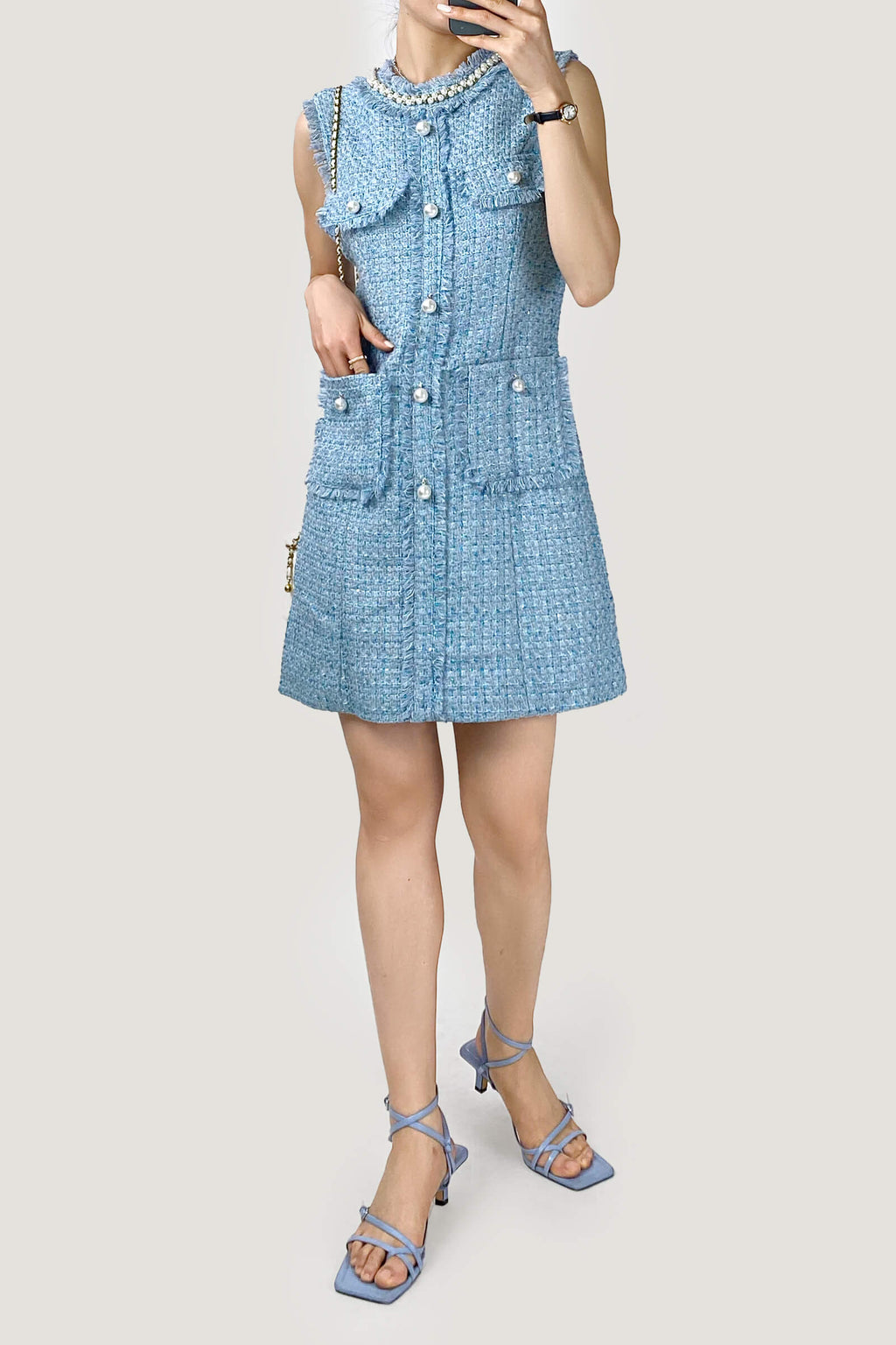 Pearl Embellished Neckline Button Front Fringe Trim Tweed Mini Dress