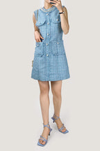Pearl Embellished Neckline Button Front Fringe Trim Tweed Mini Dress