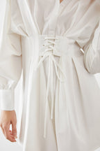 Pointed Collar Puff Sleeve Lace-Up Corset Waist Shirt Mini Dress