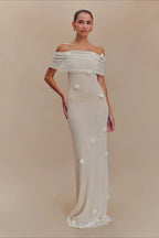 Off Shoulder 3D Floral Rosette Mesh Column Maxi Gown