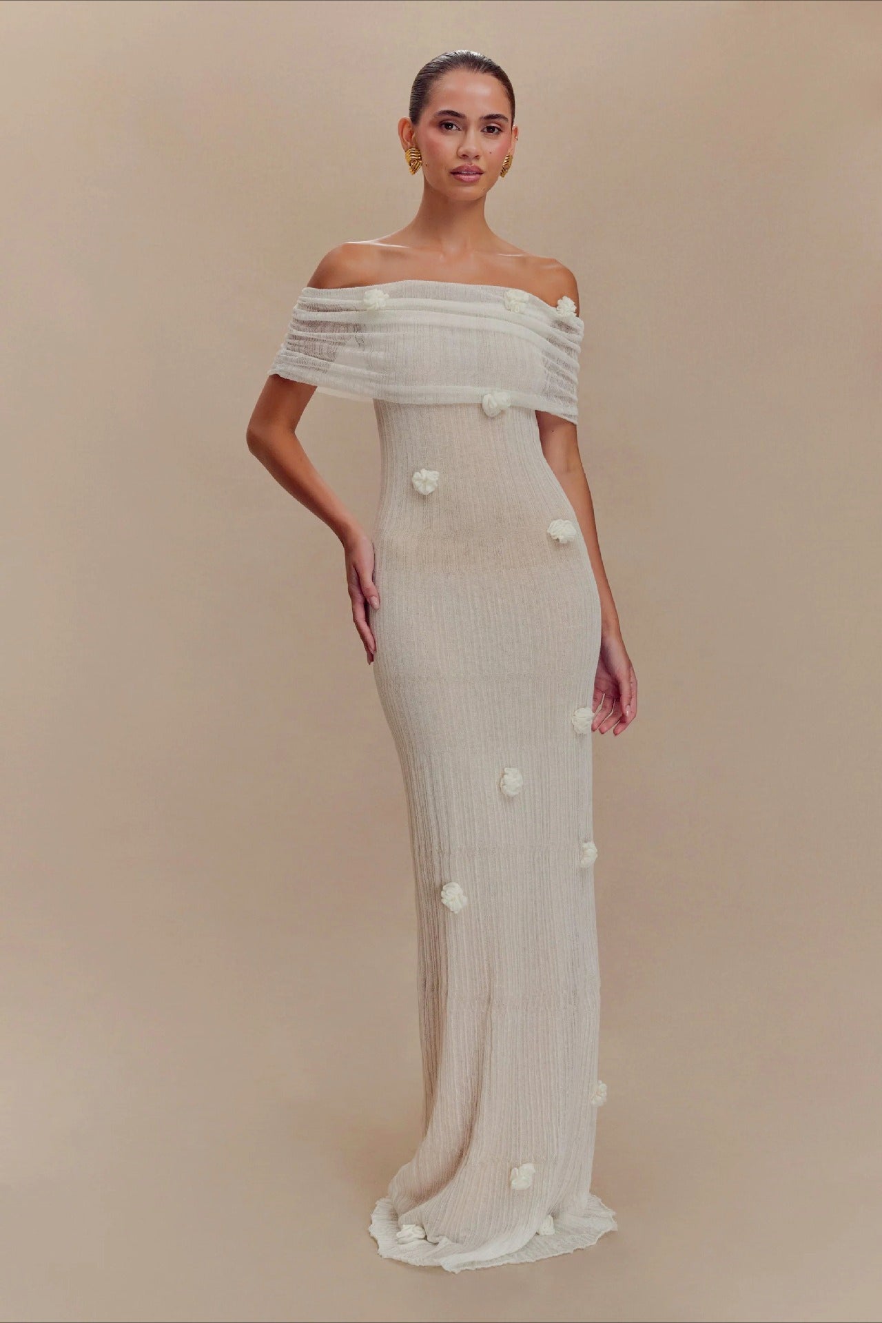 Off Shoulder 3D Floral Rosette Mesh Column Maxi Gown