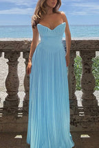 Strapless Sweetheart Pleated Bust Basque Waist Accordion Pleat Maxi Gown